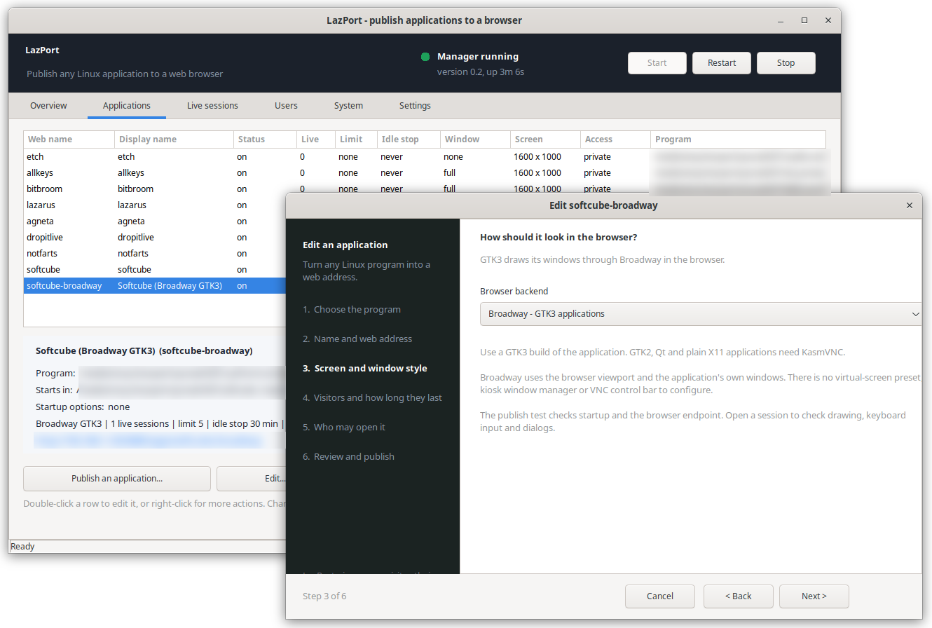 The LazPort console and its publishing wizard
